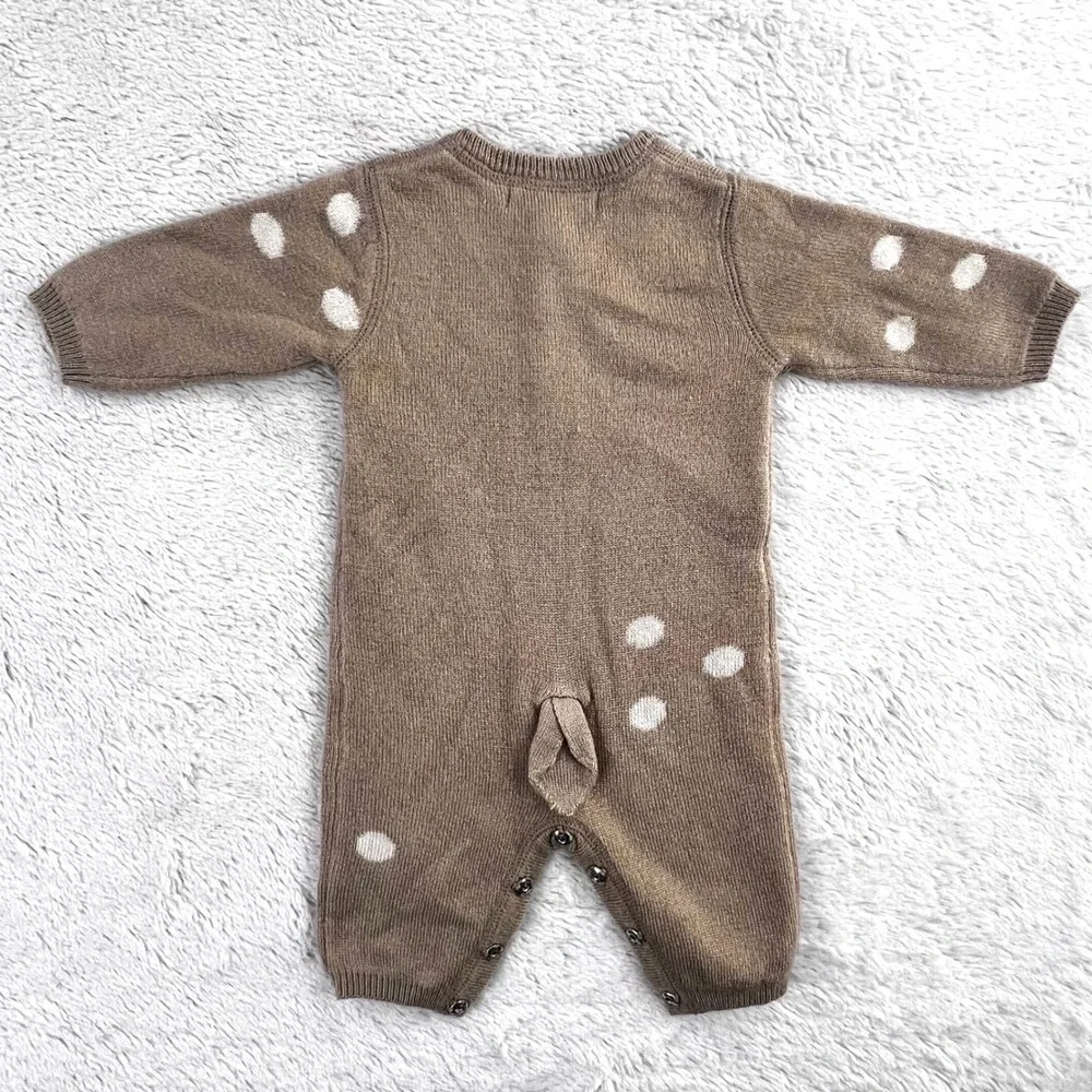 Pottery Barn‎ Kids Infant 0-3m Baby Deer Knit Romper Jumpsuit Brown White Spots
